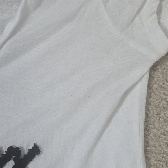 Express White Graphic Tee with Black Ruffle Chiffon Text Size Medium - Picture 5 of 5